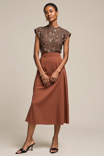 Sequin A Line Brown Cap Sleeve Midi Dress
